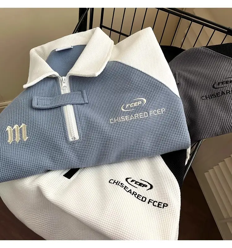 Men's Waffle Cotton Polo Shirt White Black Grey — feature 27
