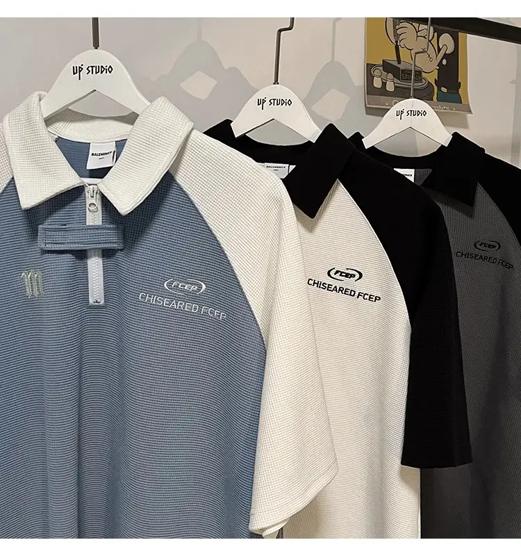 Men's Waffle Cotton Polo Shirt White Black Grey — feature 28
