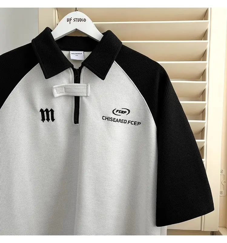 Men's Waffle Cotton Polo Shirt White Black Grey — feature 5