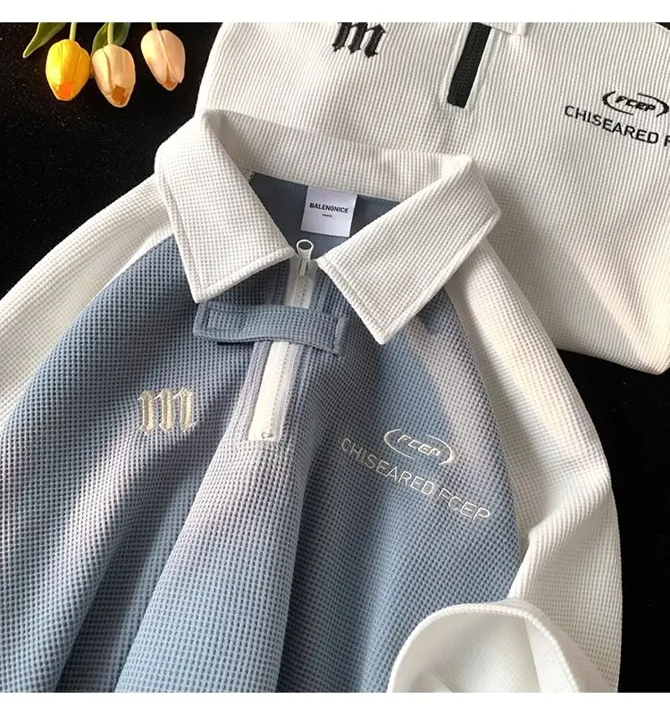 Men's Waffle Cotton Polo Shirt White Black Grey — feature 9