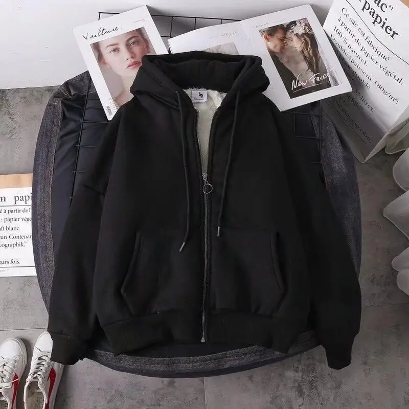 Autumn and Winter fleece-lined Thickened Jacket Sweatshirt Men's Spring and Autumn Korean-style Loose Warm-keeping for Students Instagram Style Fashionable Top for Lovers