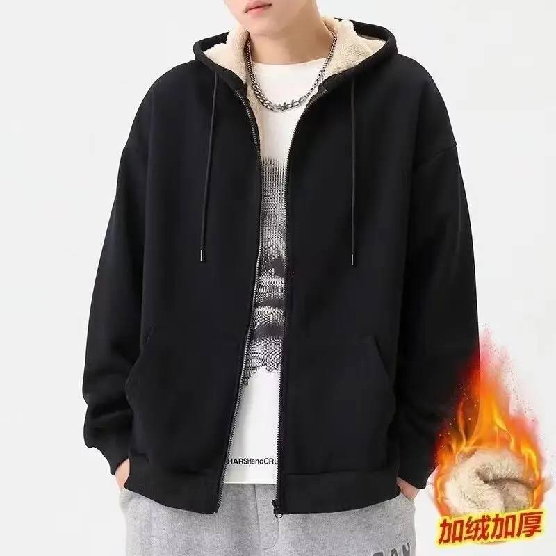 Autumn and Winter fleece-lined Thickened Jacket Sweatshirt Men's Spring and Autumn Korean-style Loose Warm-keeping for Students Instagram Style Fashionable Top for Lovers