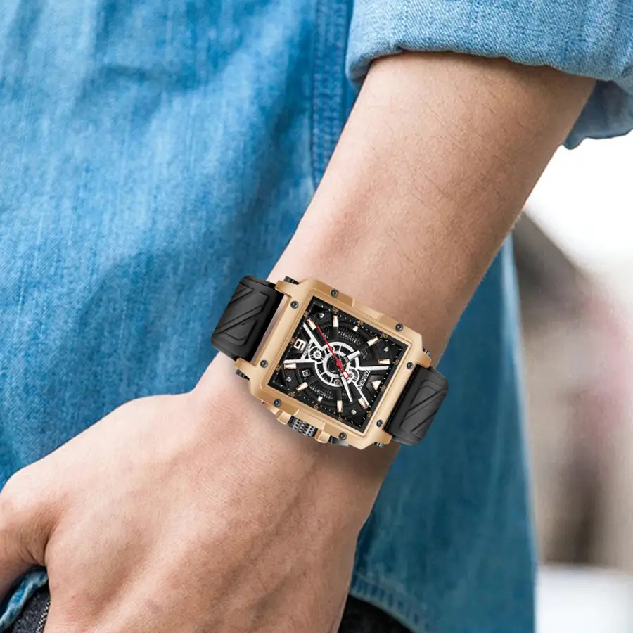Men's Square Dial Watch with Black Strap & Gold Case - Image 6