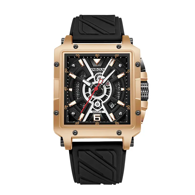 Men's Square Dial Watch with Black Strap & Gold Case - Image 9
