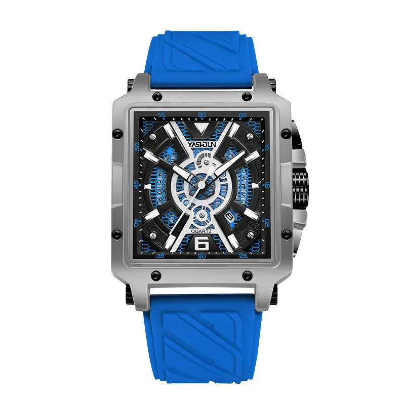 Men's Square Dial Watch with Black Strap & Gold Case - Image 2
