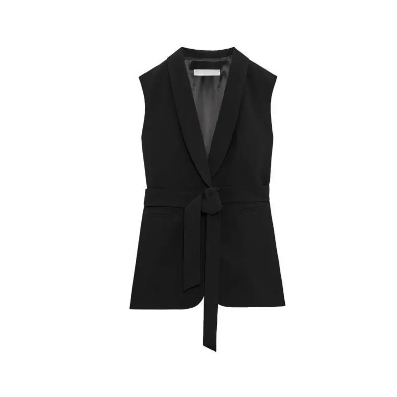 Black Tie Belt Vest Dress Vest Women High Waist Draping Pants