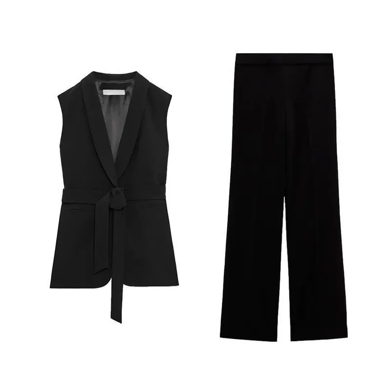 Black Tie Belt Vest Dress Vest Women High Waist Draping Pants