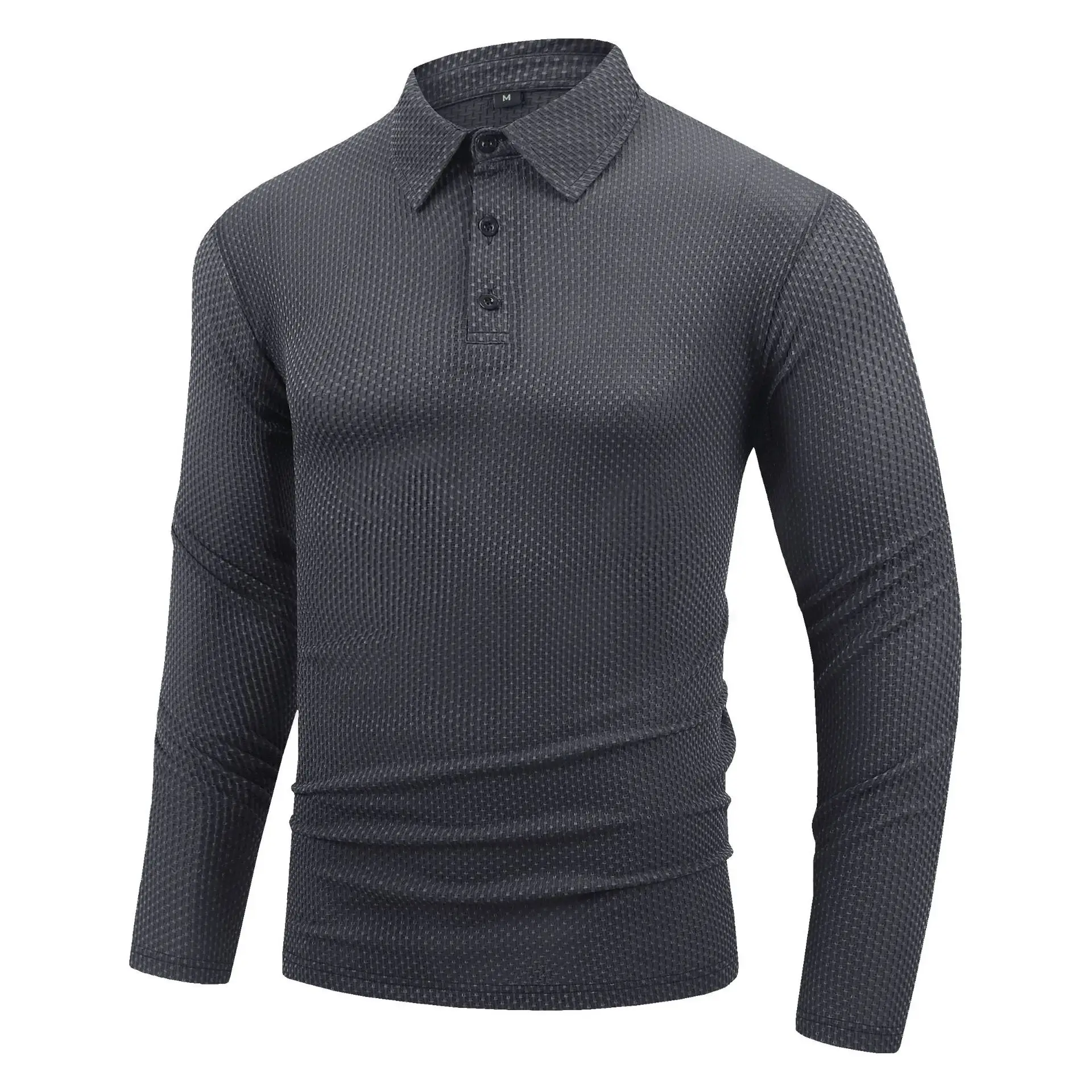Men's Grey Waffle Knit Long Sleeve Polo Shirt - Image 4
