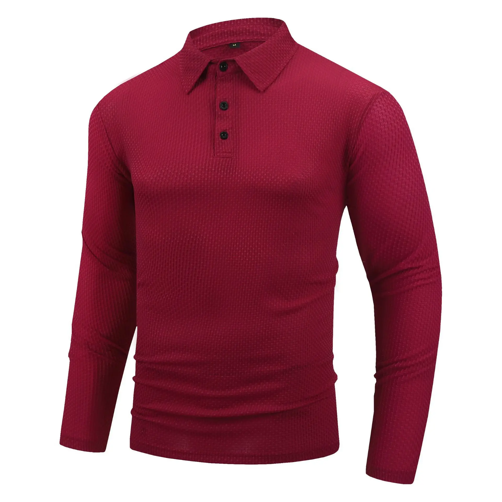 Men's Grey Waffle Knit Long Sleeve Polo Shirt - Image 3