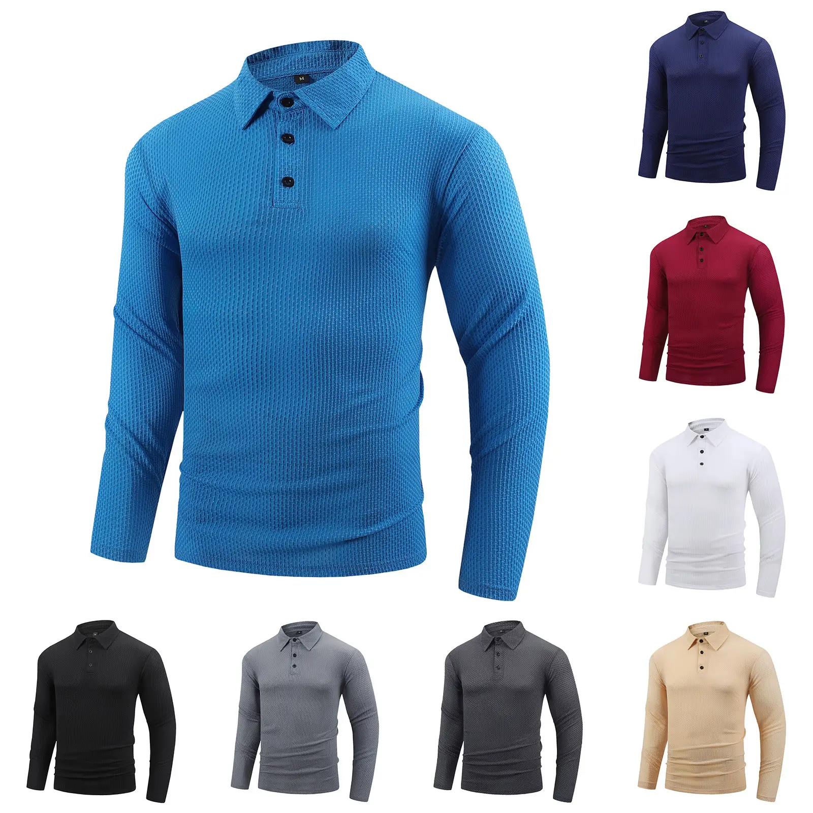 Men's Grey Waffle Knit Long Sleeve Polo Shirt — feature 2