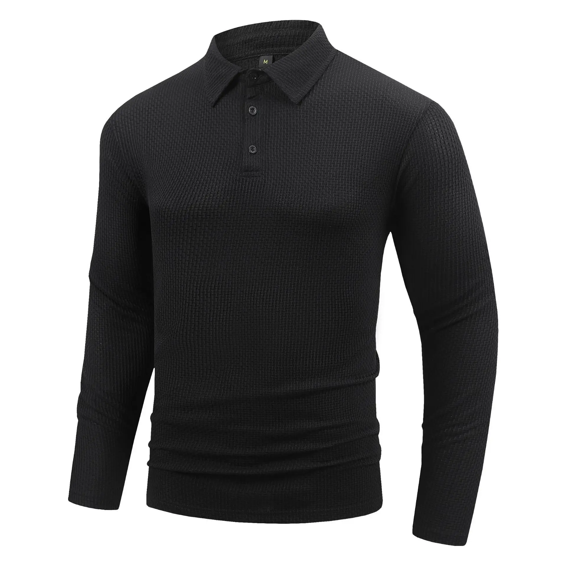 Men's Grey Waffle Knit Long Sleeve Polo Shirt — feature 5