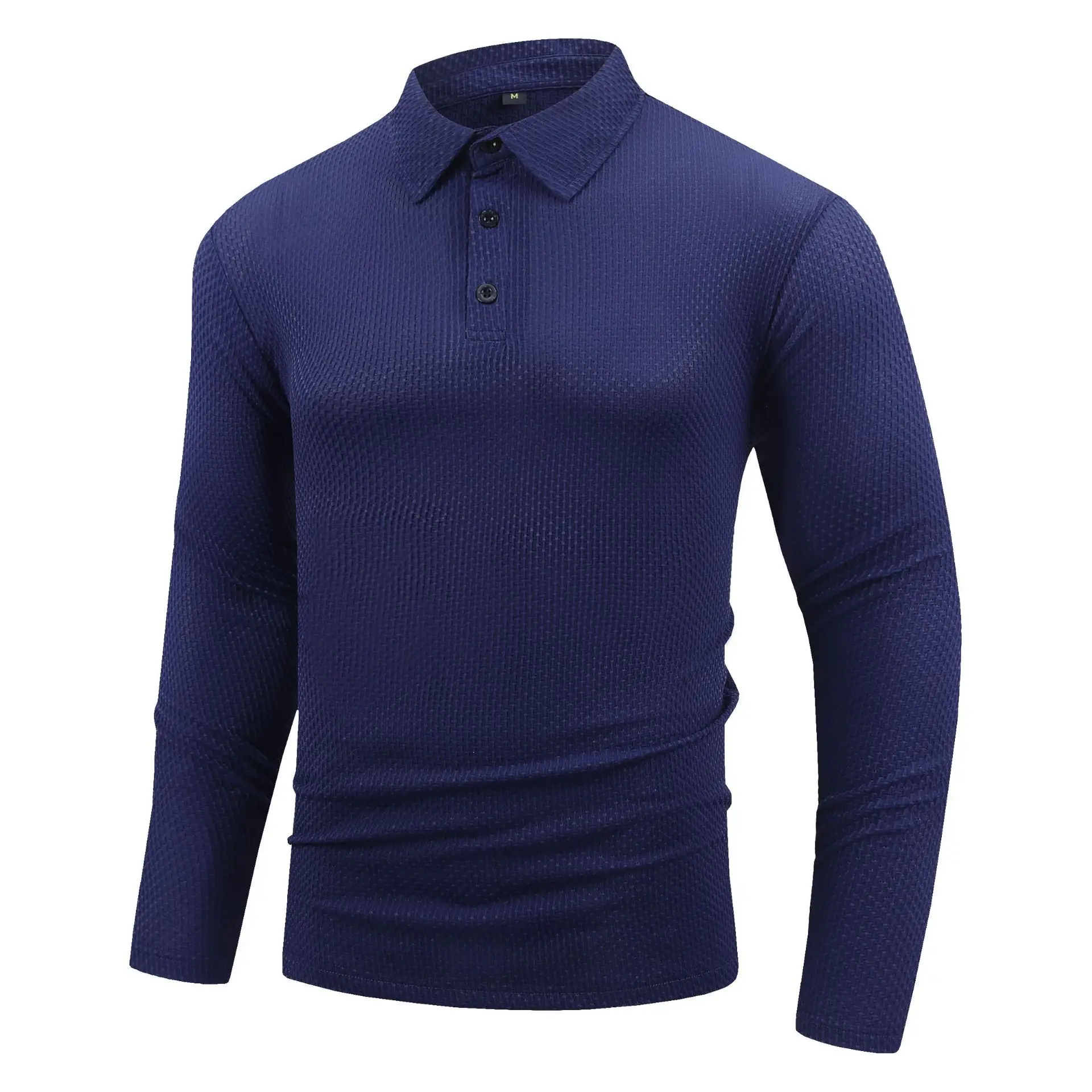 Men's Grey Waffle Knit Long Sleeve Polo Shirt - Image 6