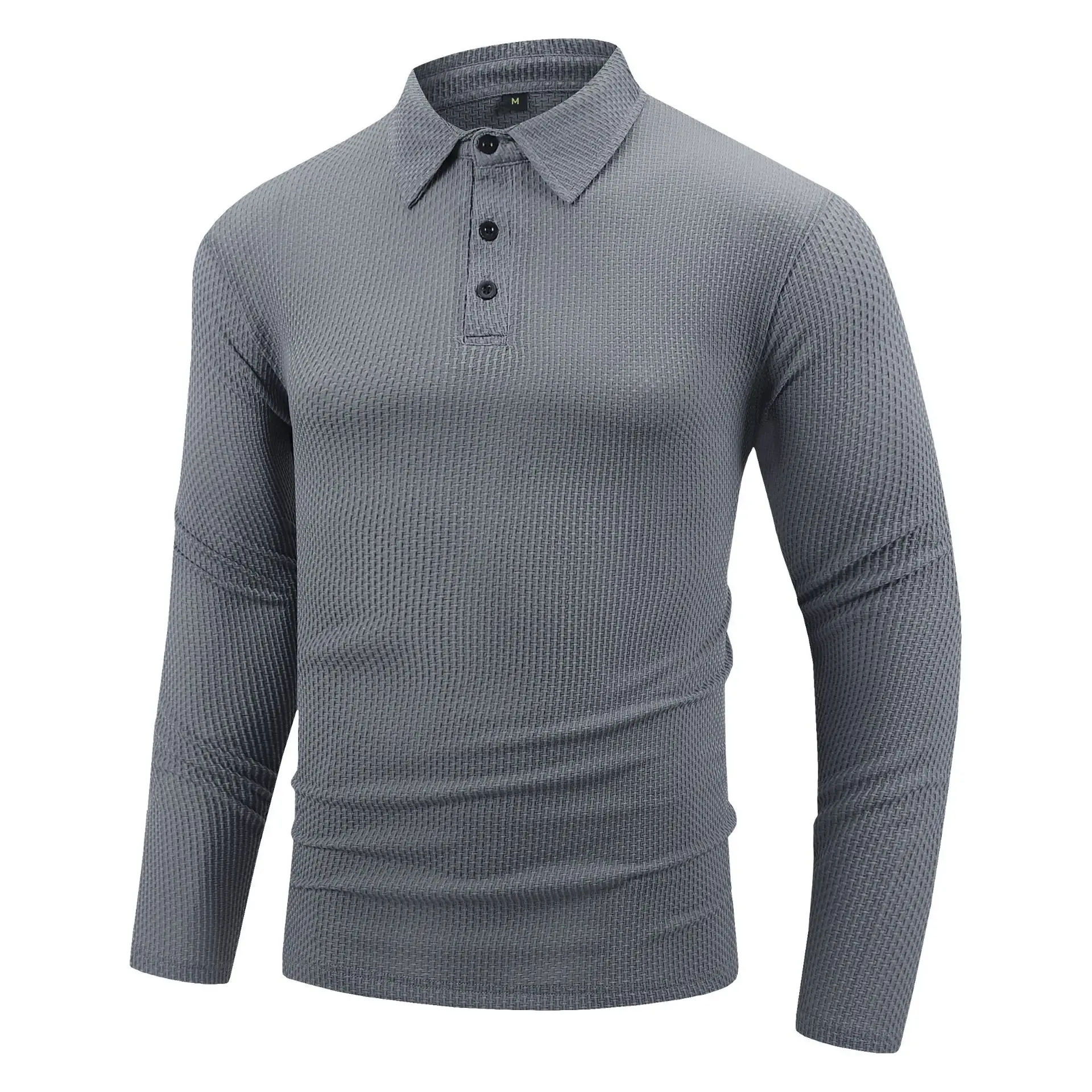Men's Grey Waffle Knit Long Sleeve Polo Shirt - Image 8