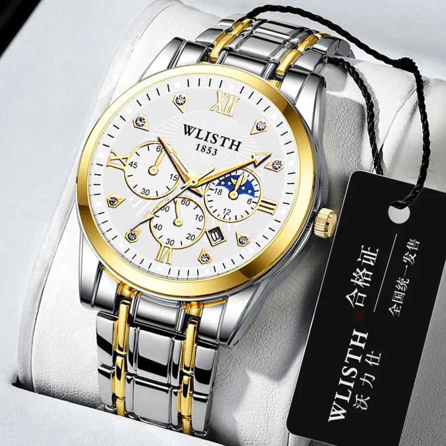 Men's Luxurious Gold Steel Watch with Luminous Dial