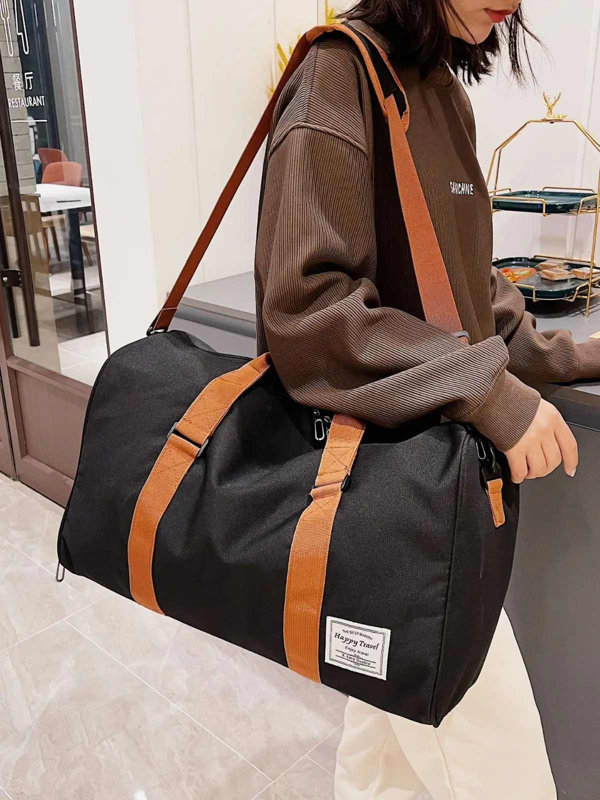 Large Capacity Red Crossbody Bag with Brown Leather Strap - Image 10