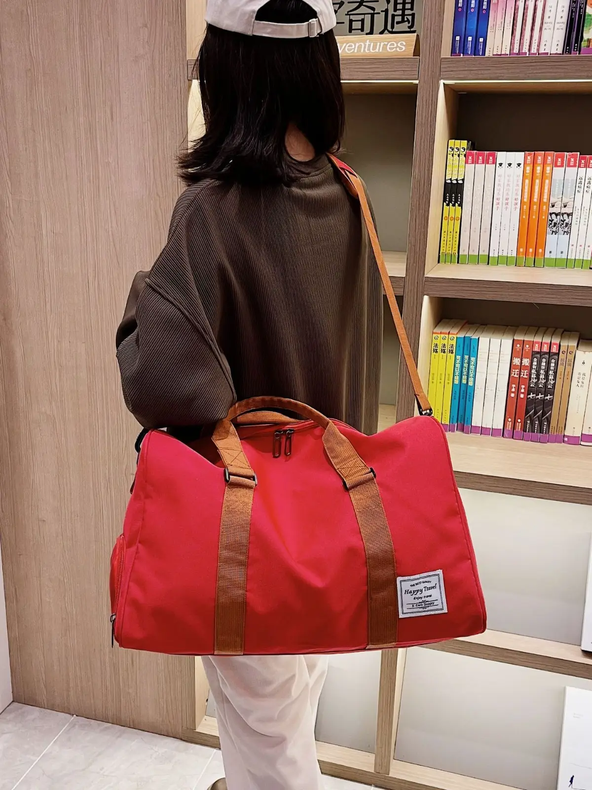 Large Capacity Red Crossbody Bag with Brown Leather Strap - Image 11