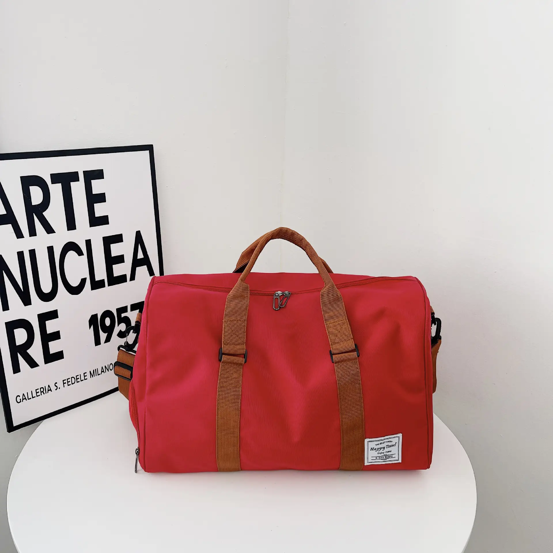 Large Capacity Red Crossbody Bag with Brown Leather Strap - Image 3