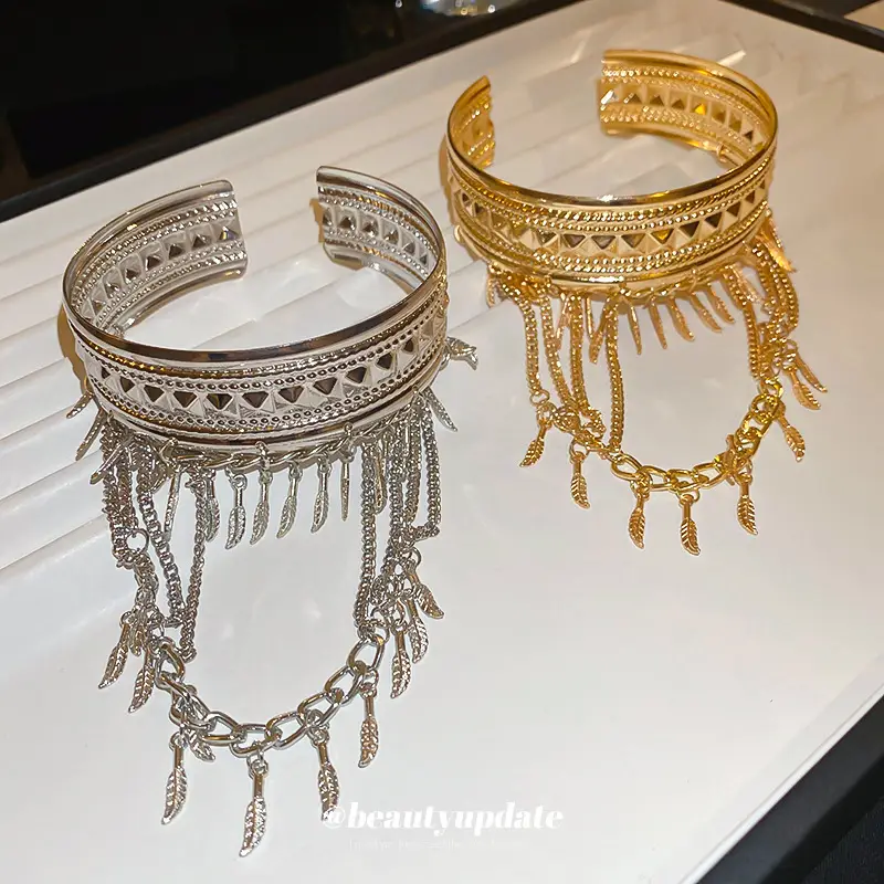 Cross-border Metal Feather Chain Tassel Bracelet Armband Personalized Fashion Design Sense Bracelet Exotic Style Bracelet Jewelry for Women