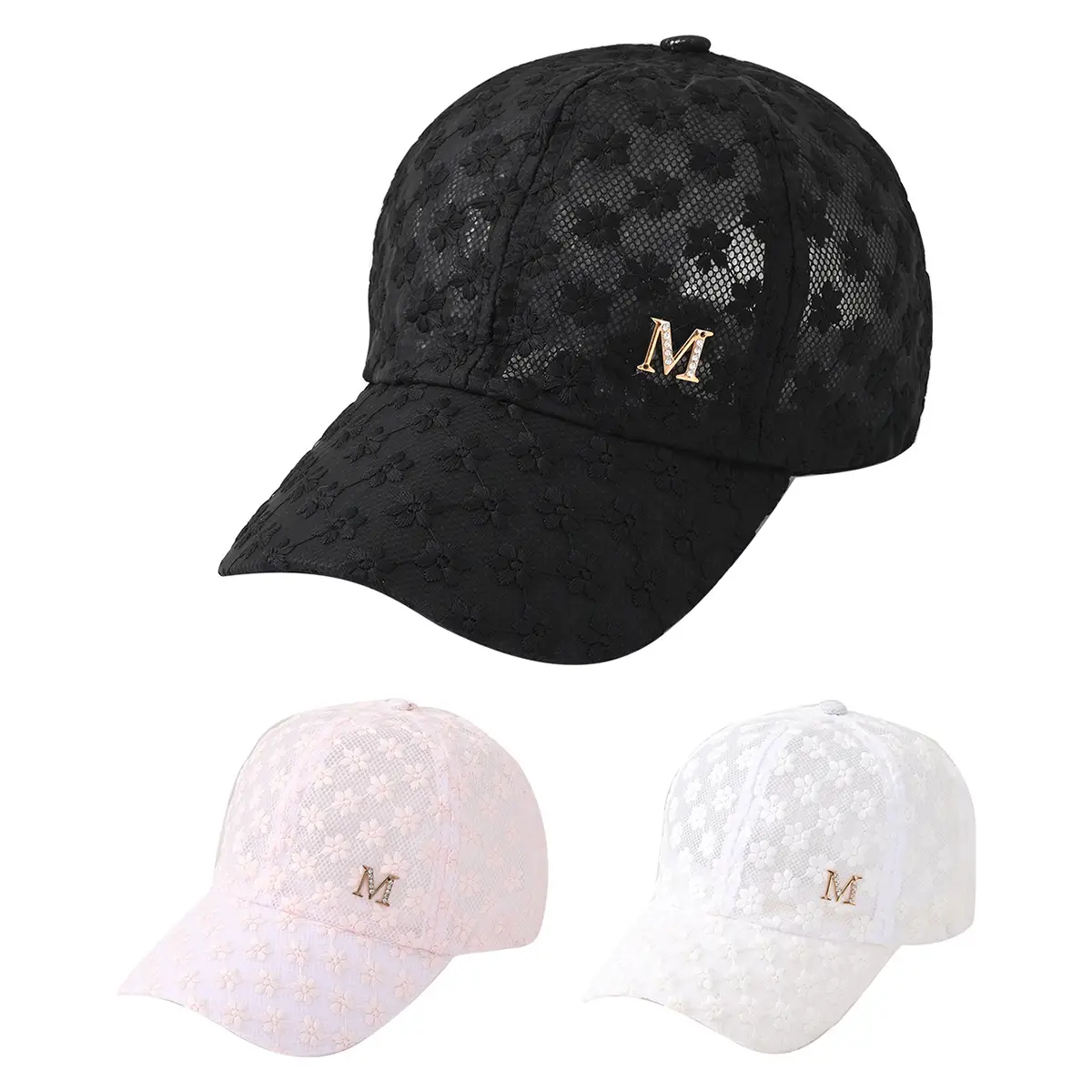 White Lace Embroidered Baseball Cap with M Logo - Image 4