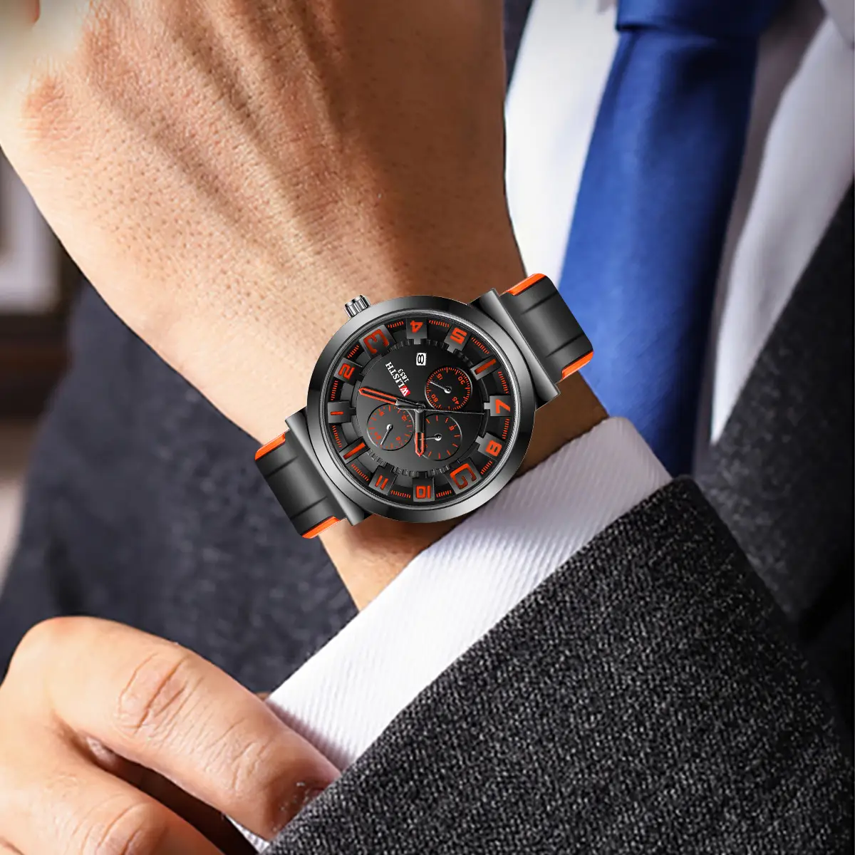 Men's Black Orange Quartz Watch with 6-Hand Display - Image 5