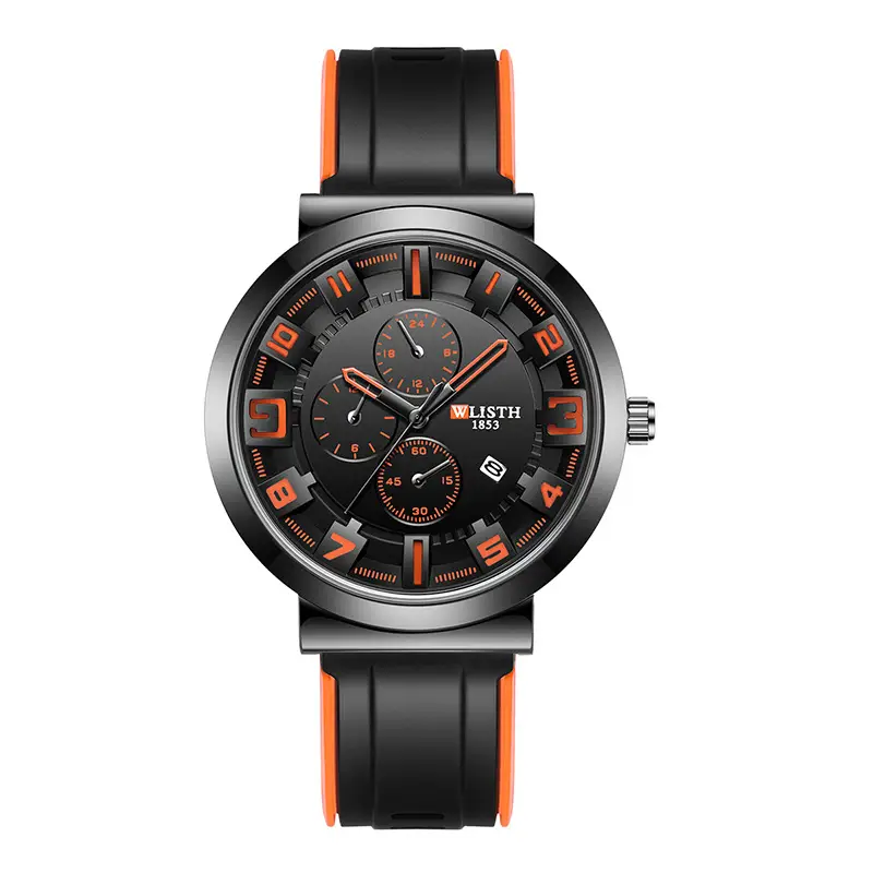 Men's Black Orange Quartz Watch with 6-Hand Display - Image 8