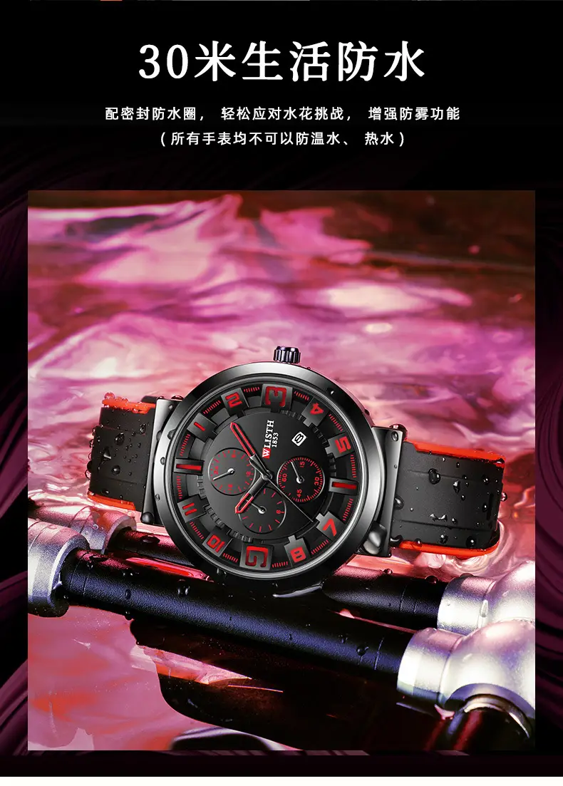 Men's Black Orange Quartz Watch with 6-Hand Display — feature 6