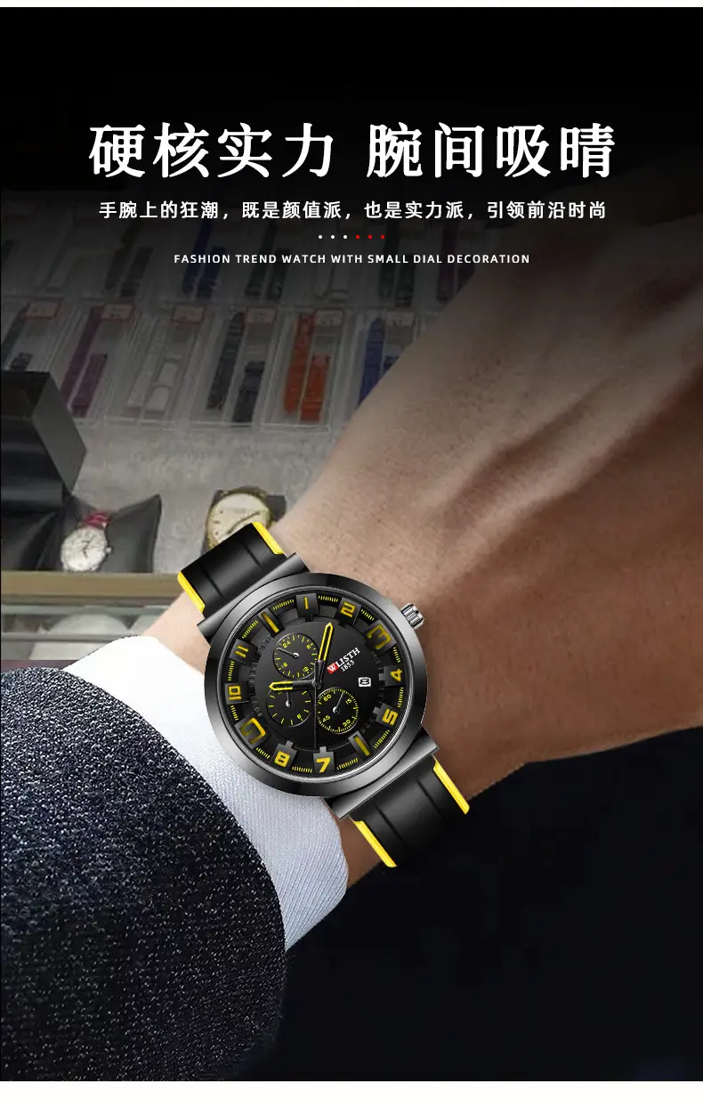 Men's Black Orange Quartz Watch with 6-Hand Display — feature 8