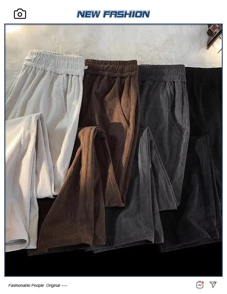 Men's Black Corduroy Straight Pants Spring Autumn Loose Fit — feature 3