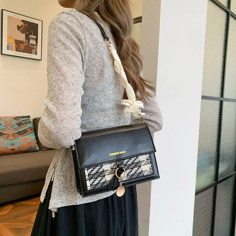 Women's Black Silk Crossbody Bag with Chain Strap