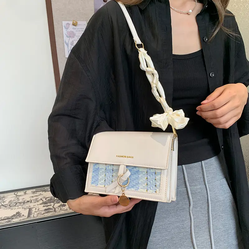 Women's Black Silk Crossbody Bag with Chain Strap