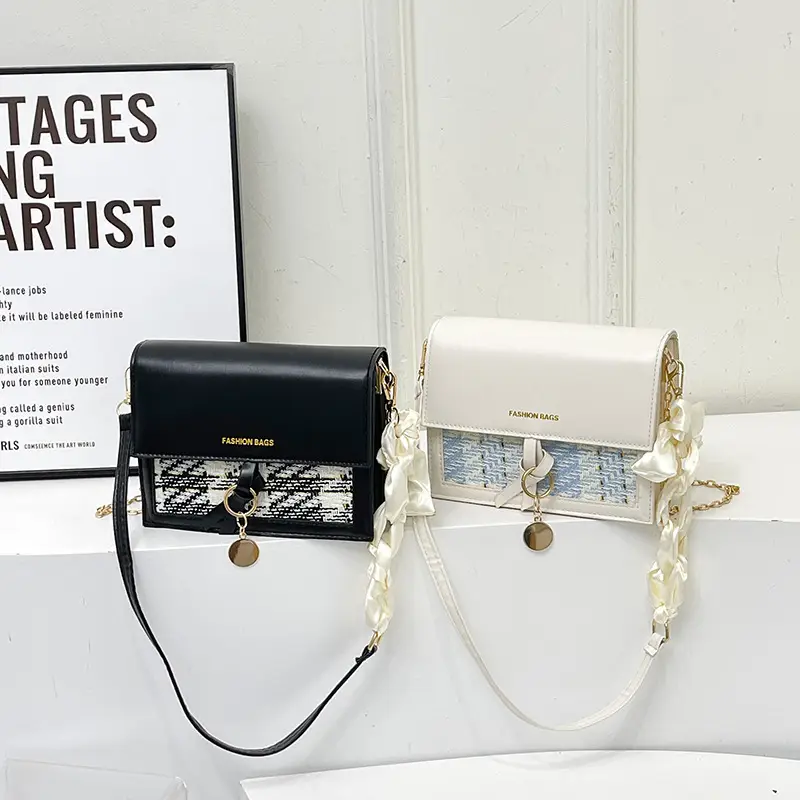 Women's Black Silk Crossbody Bag with Chain Strap