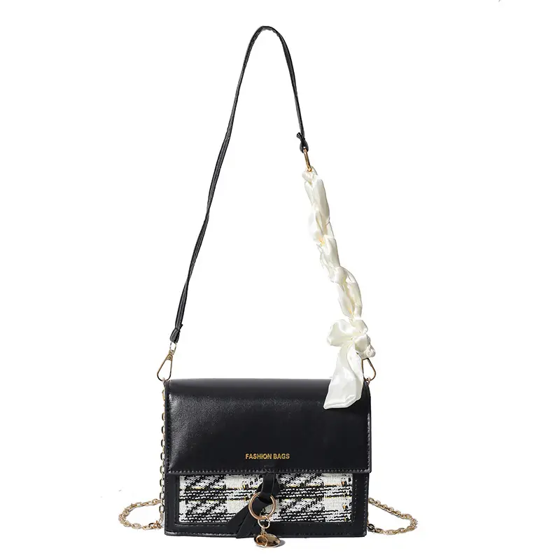 Women's Black Silk Crossbody Bag with Chain Strap