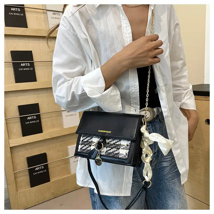 Women's Black Silk Crossbody Bag with Chain Strap — feature 16
