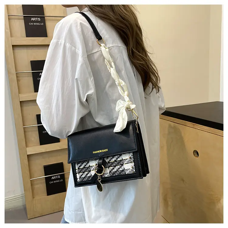 Women's Black Silk Crossbody Bag with Chain Strap — feature 18