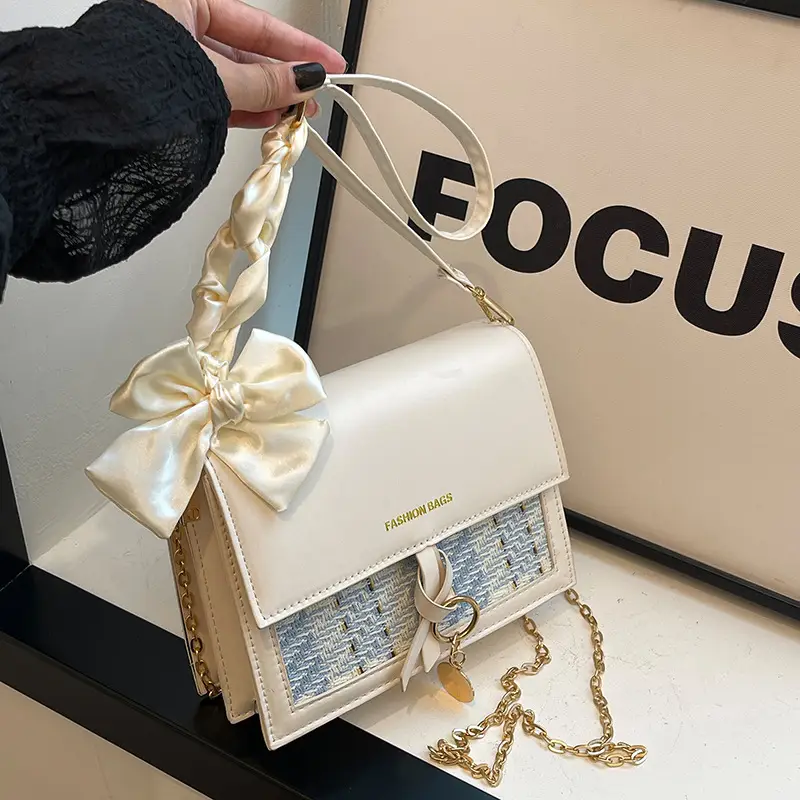 Women's Black Silk Crossbody Bag with Chain Strap