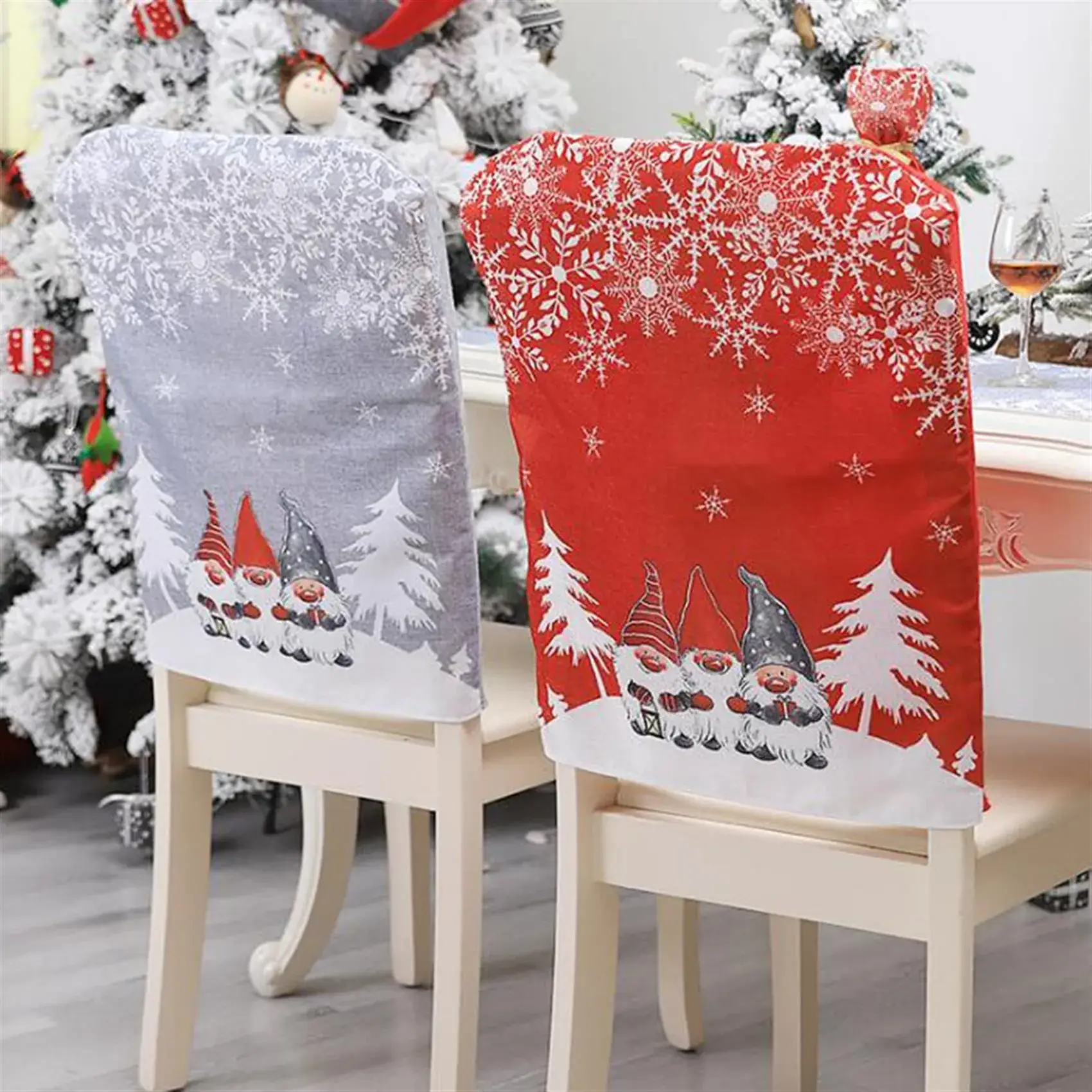 Christmas Table Chair Covers Red Gray Cartoon Print - Image 3