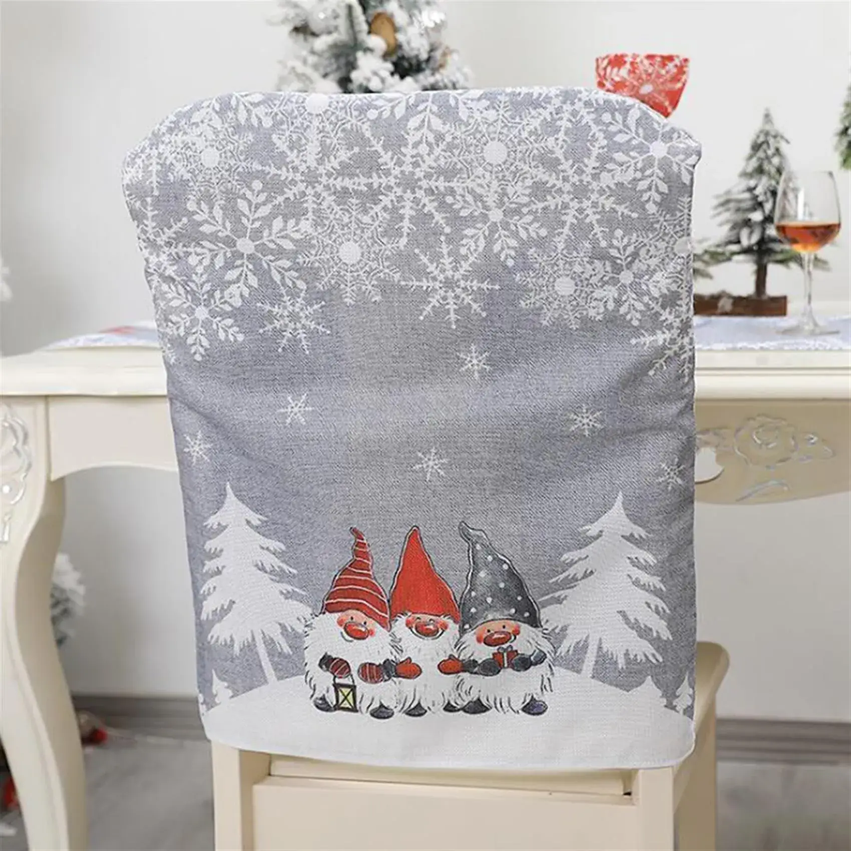Christmas Table Chair Covers Red Gray Cartoon Print — feature 2
