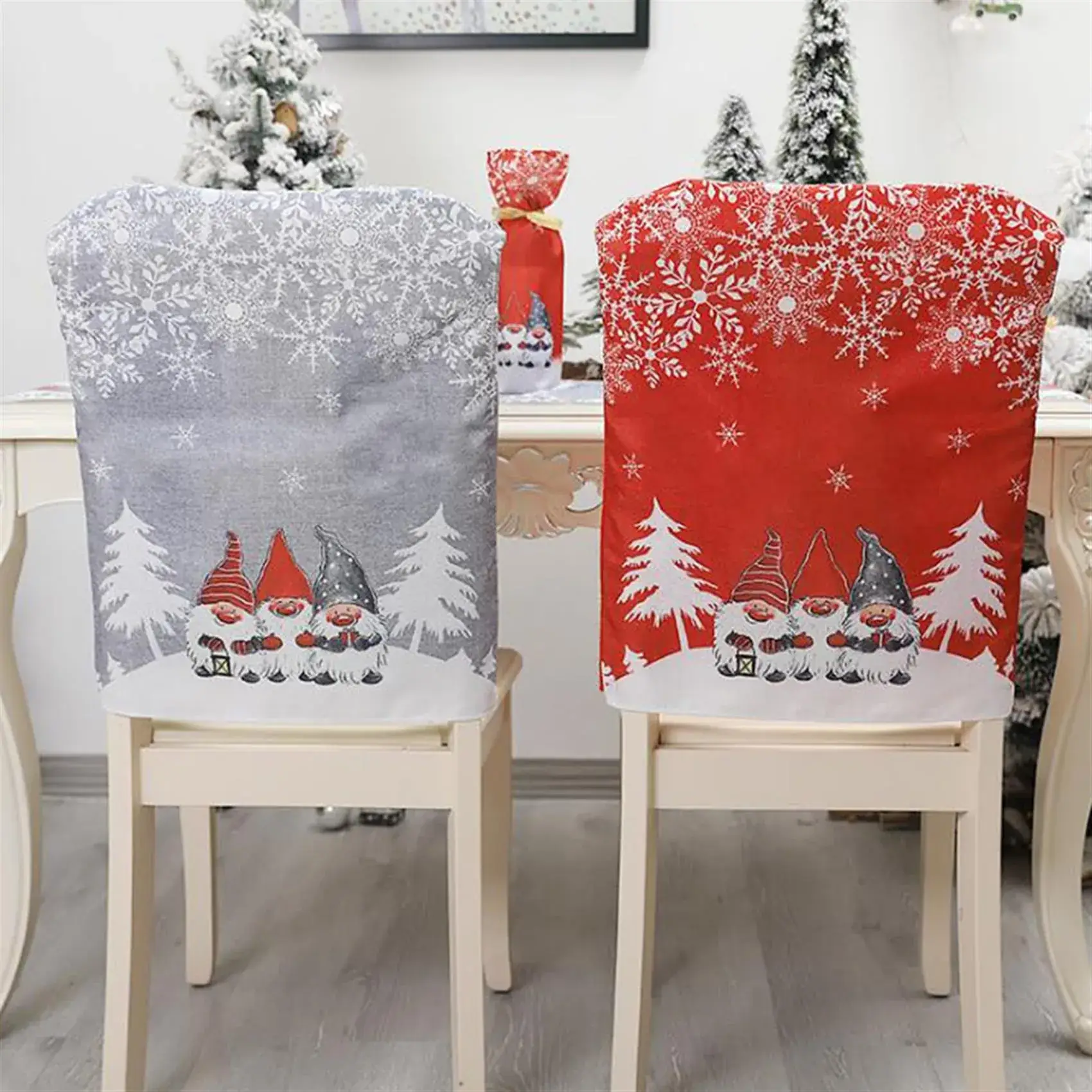 Christmas Table Chair Covers Red Gray Cartoon Print — feature 3