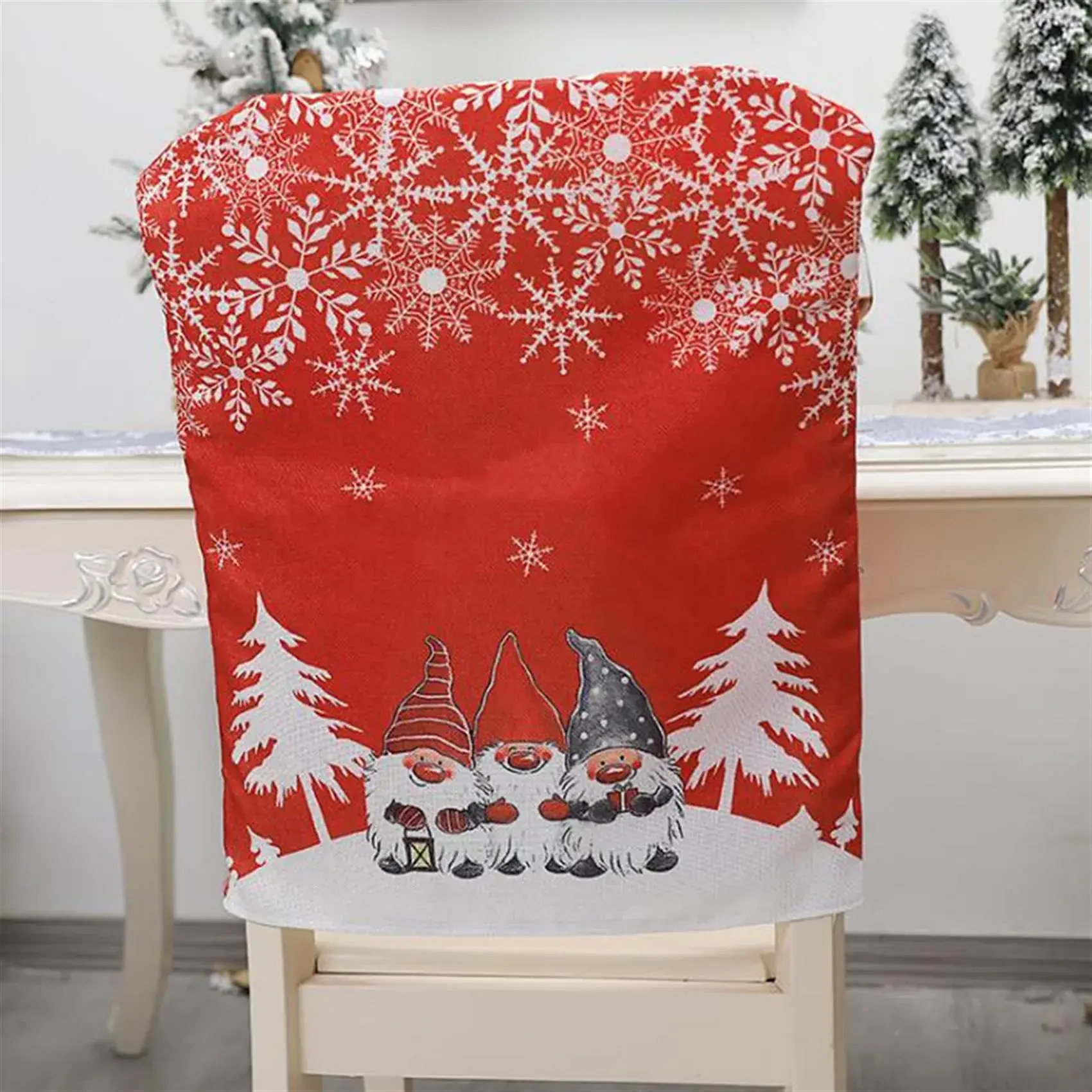 Christmas Table Chair Covers Red Gray Cartoon Print - Image 2