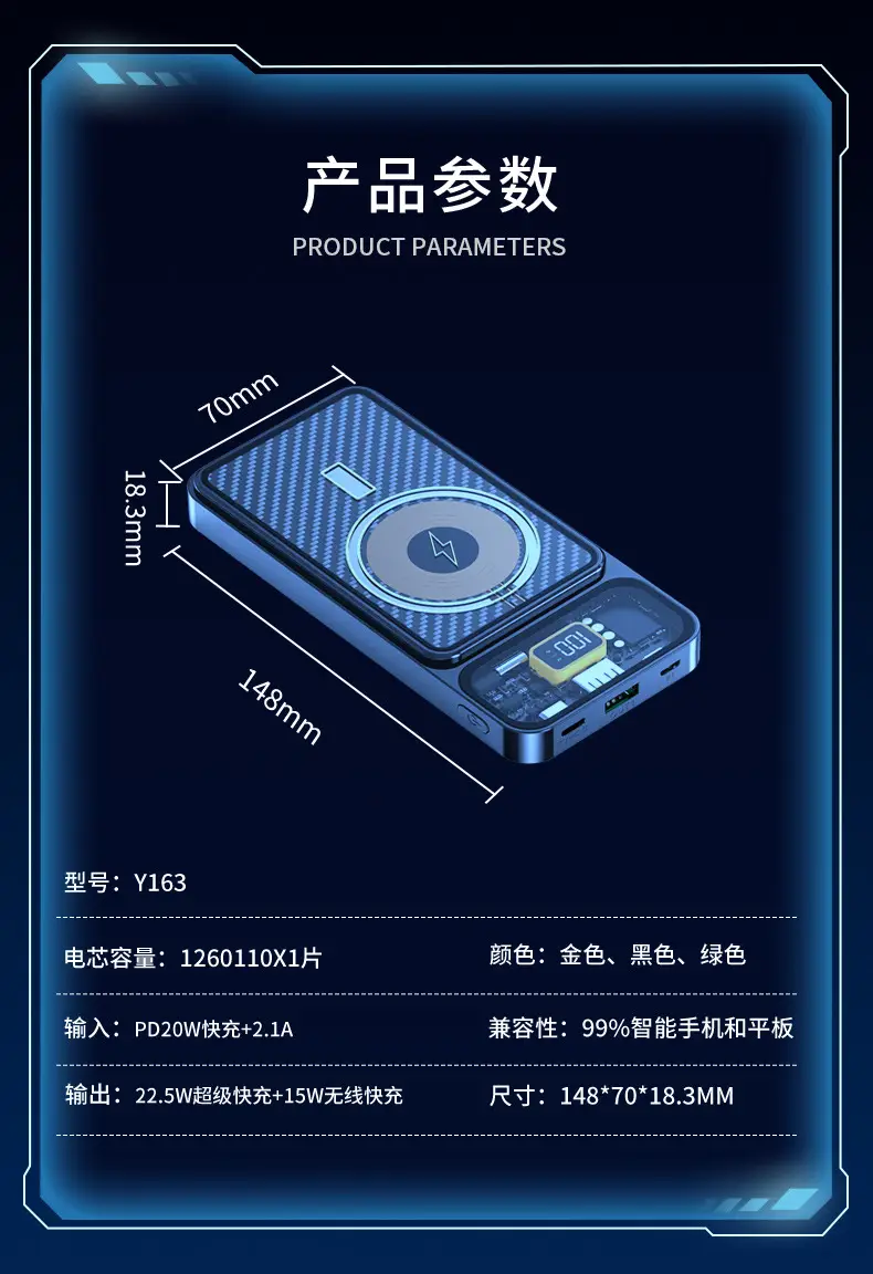 Cross-border new transparent Magsafe magnetic wireless charging treasure 20000 mA 22.5W fast charging mobile power supply — feature 20