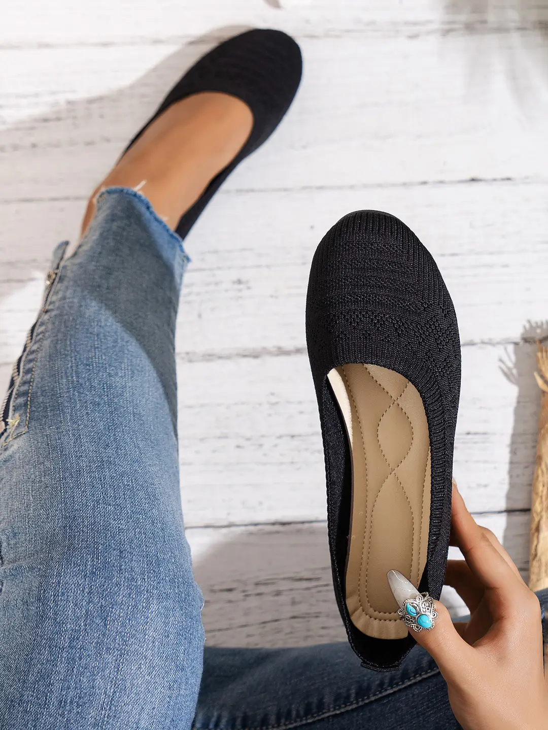 Large Size 2025 Autumn New European and American Style Flat Round-Toe Slip-On Shallow Mouth Mom Shoes Knitted Fashionable Versatile Comfortable Shoes — feature 5