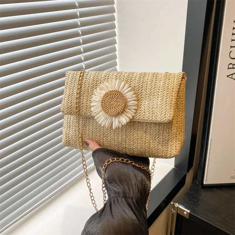 Women's Straw Crossbody Bag with Flower Decor - Image 3