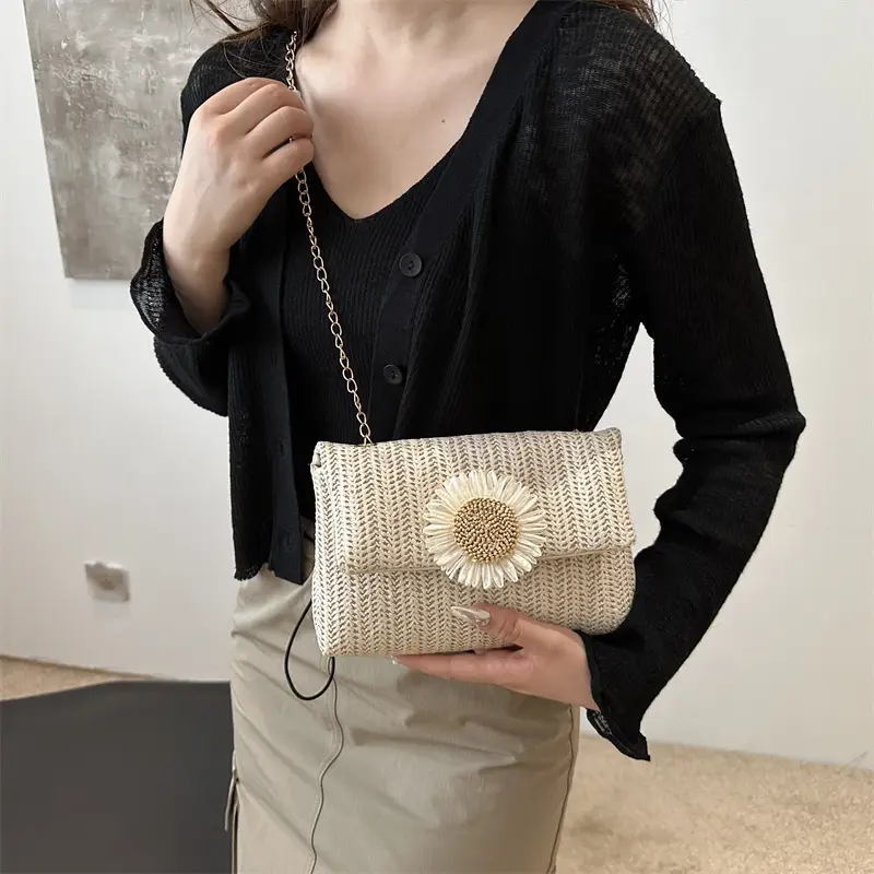 Women's Straw Crossbody Bag with Flower Decor - Image 4
