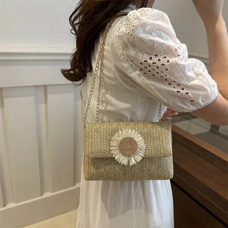 Women's Straw Crossbody Bag with Flower Decor - Image 5