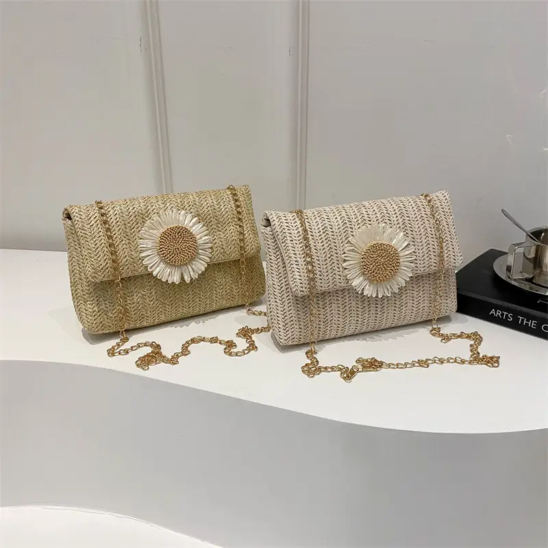Women's Straw Crossbody Bag with Flower Decor - Image 6