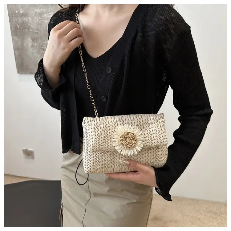 Women's Straw Crossbody Bag with Flower Decor — feature 12