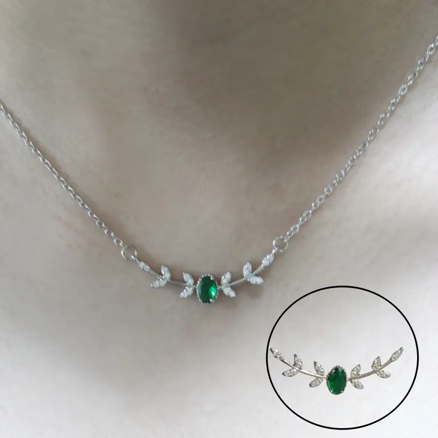 Emerald Pendant Necklace with Zircon Branch Design — feature 7