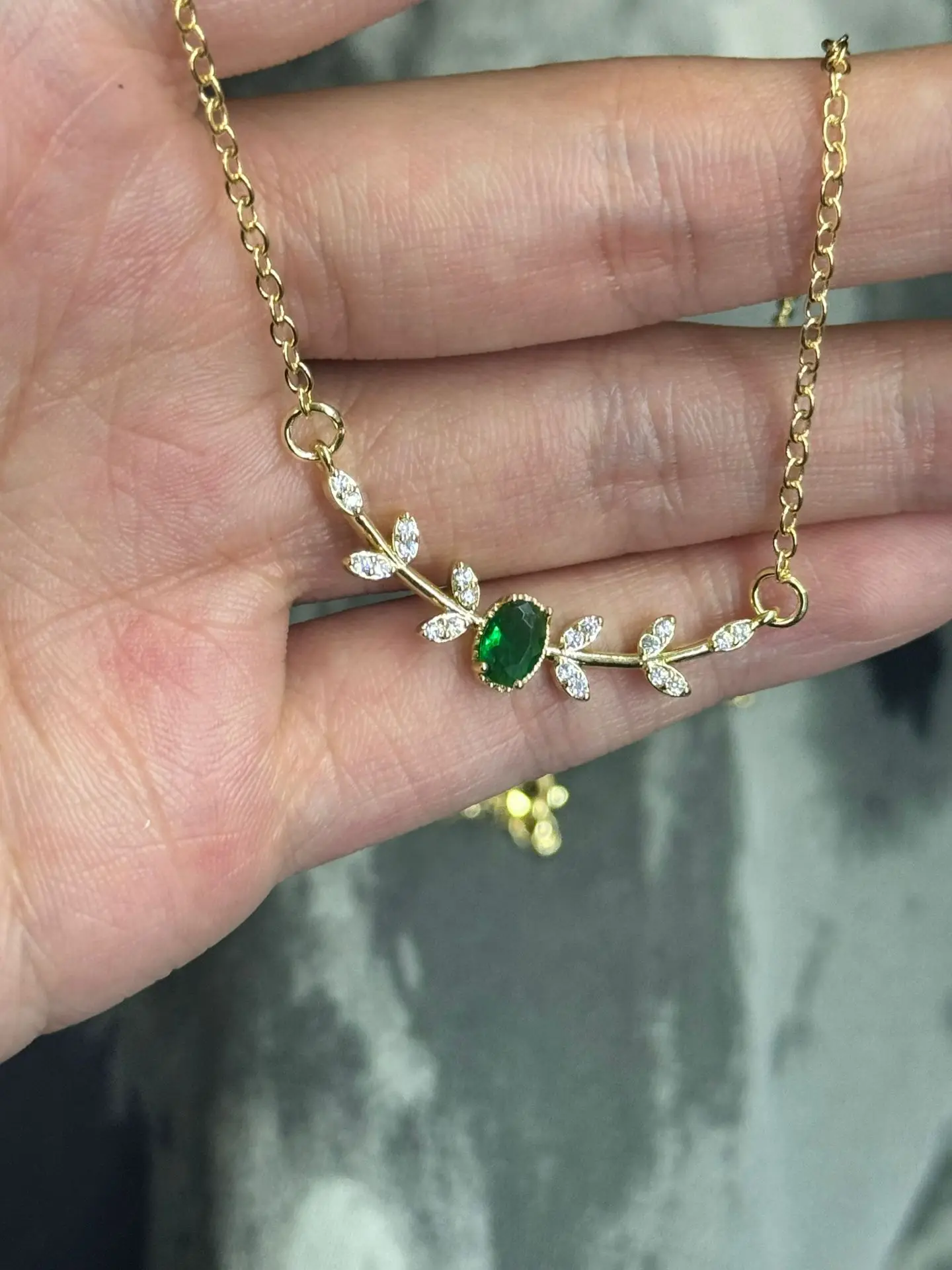 Emerald Pendant Necklace with Zircon Branch Design - Image 3
