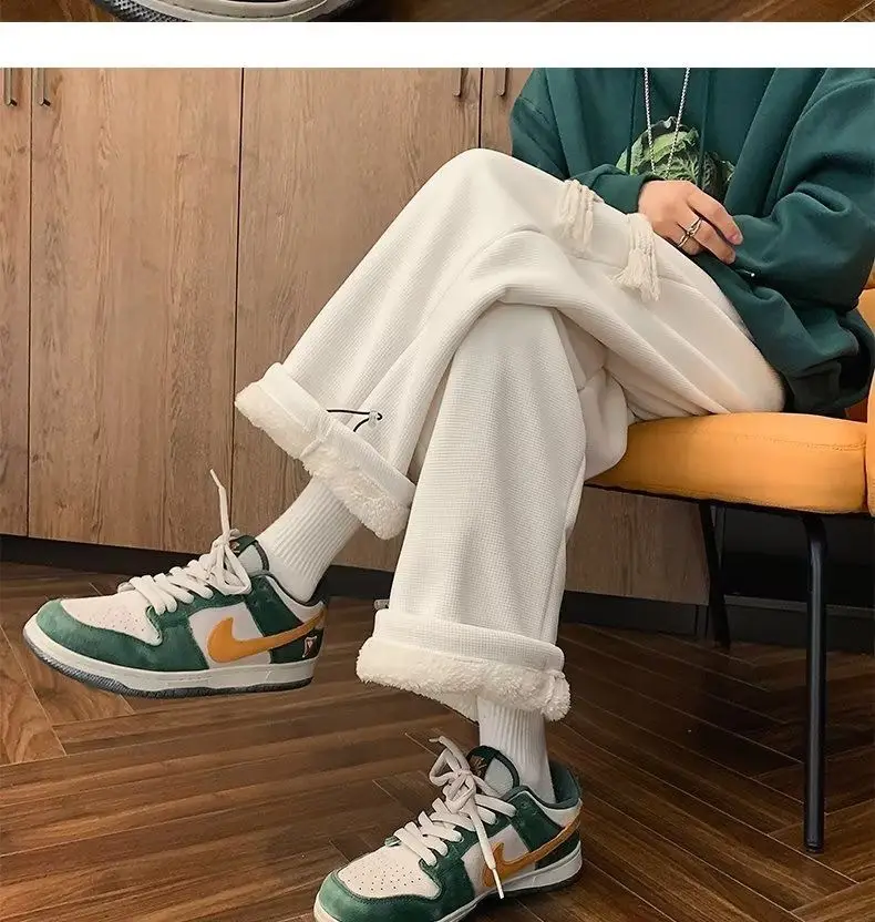 Men's Extra Thick Velvet Lumbering Pants Green White — feature 12
