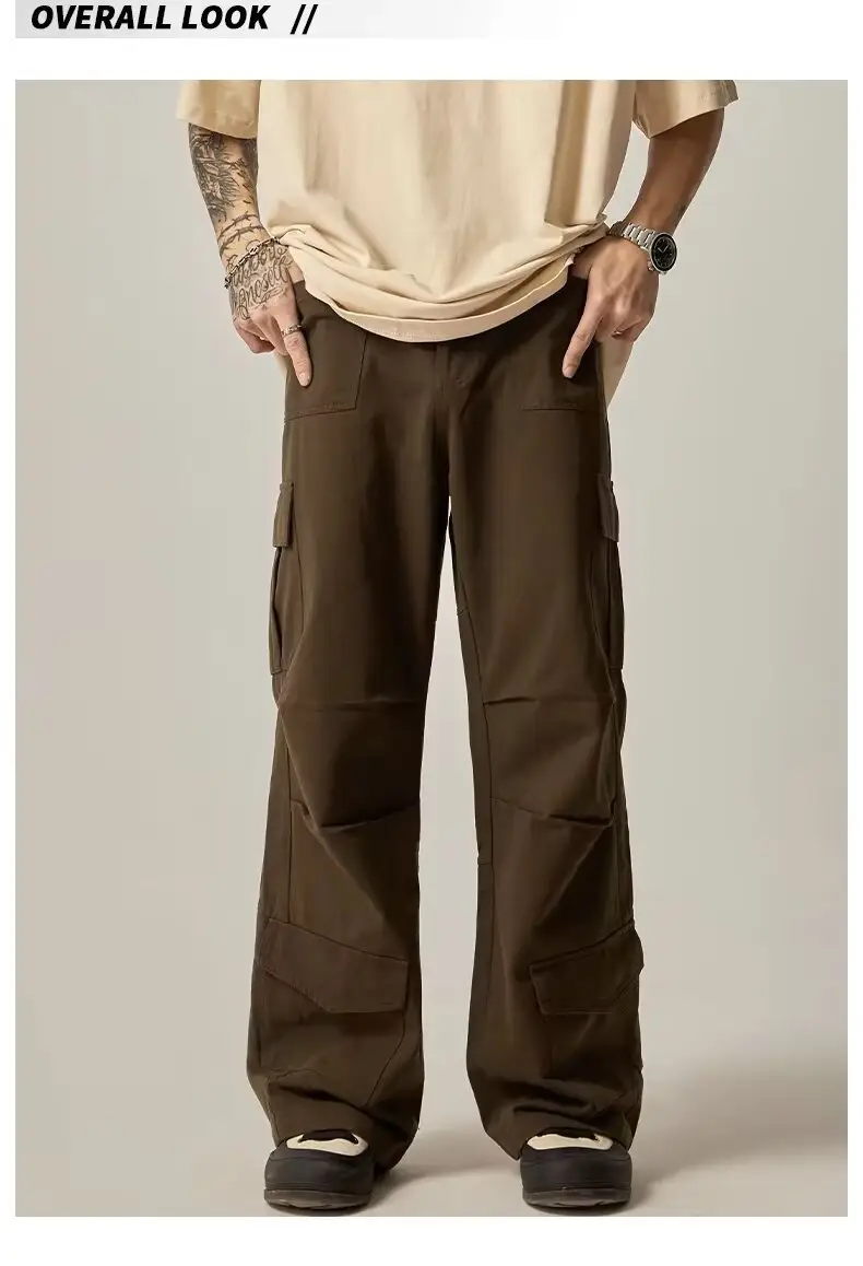 Men's Brown Cargo Pants High Street Loose Fit Large Flap Pocket — feature 6